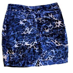 Bebe Blue Leopard Print Tiered Mini Skirt Large Sexy Eighties Y2K Punk Rock Wild